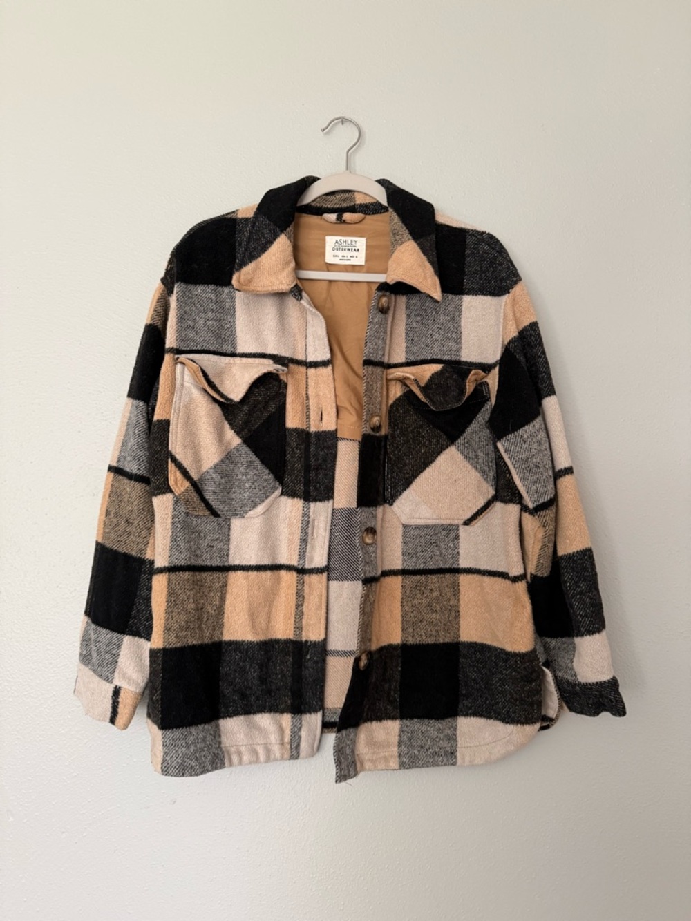 Ashley By 26 International Plaid Utility Shacket - Black, Tan, Gray